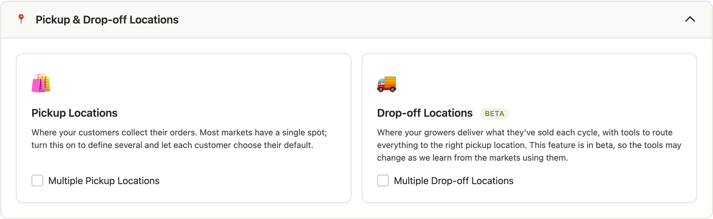 The Pickup & Drop-off Locations section of the admin page: a Pickup Locations card with a Multiple Pickup Locations checkbox, and a Drop-off Locations card (marked Beta) with a Multiple Drop-off Locations checkbox.