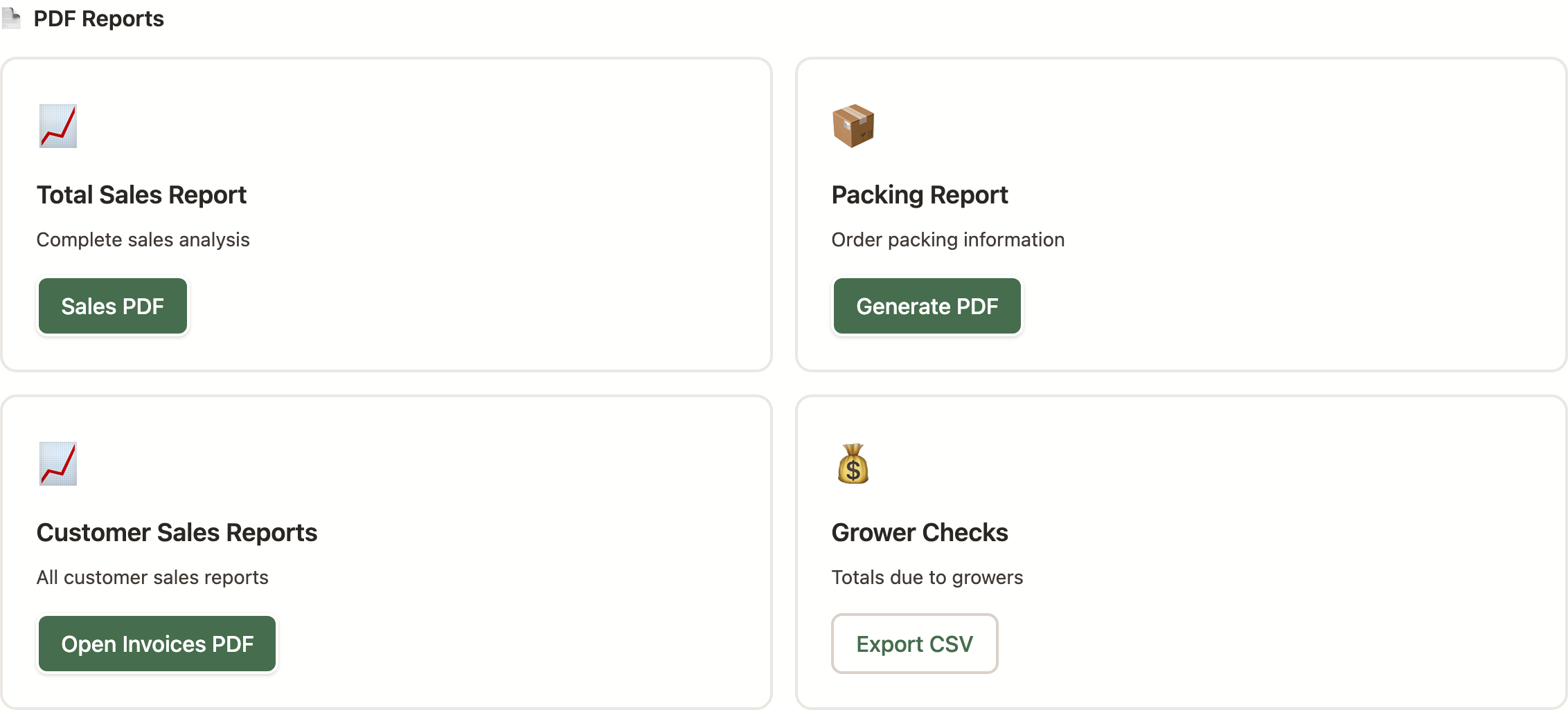 The PDF Reports section of the Market Operations area, with a card per report and a button to generate each one.