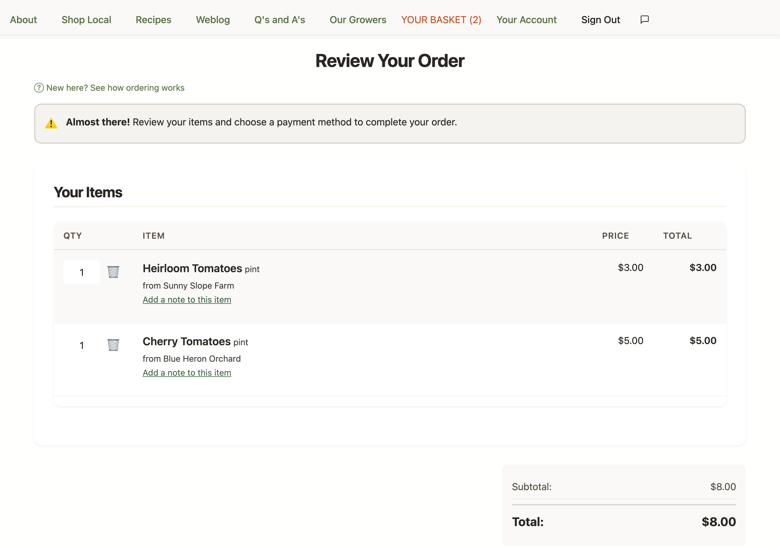 The Review Your Order page: each basket item lists its quantity, name, unit, grower, and price, with a remove button and an Add a note link, and the order total on the right.