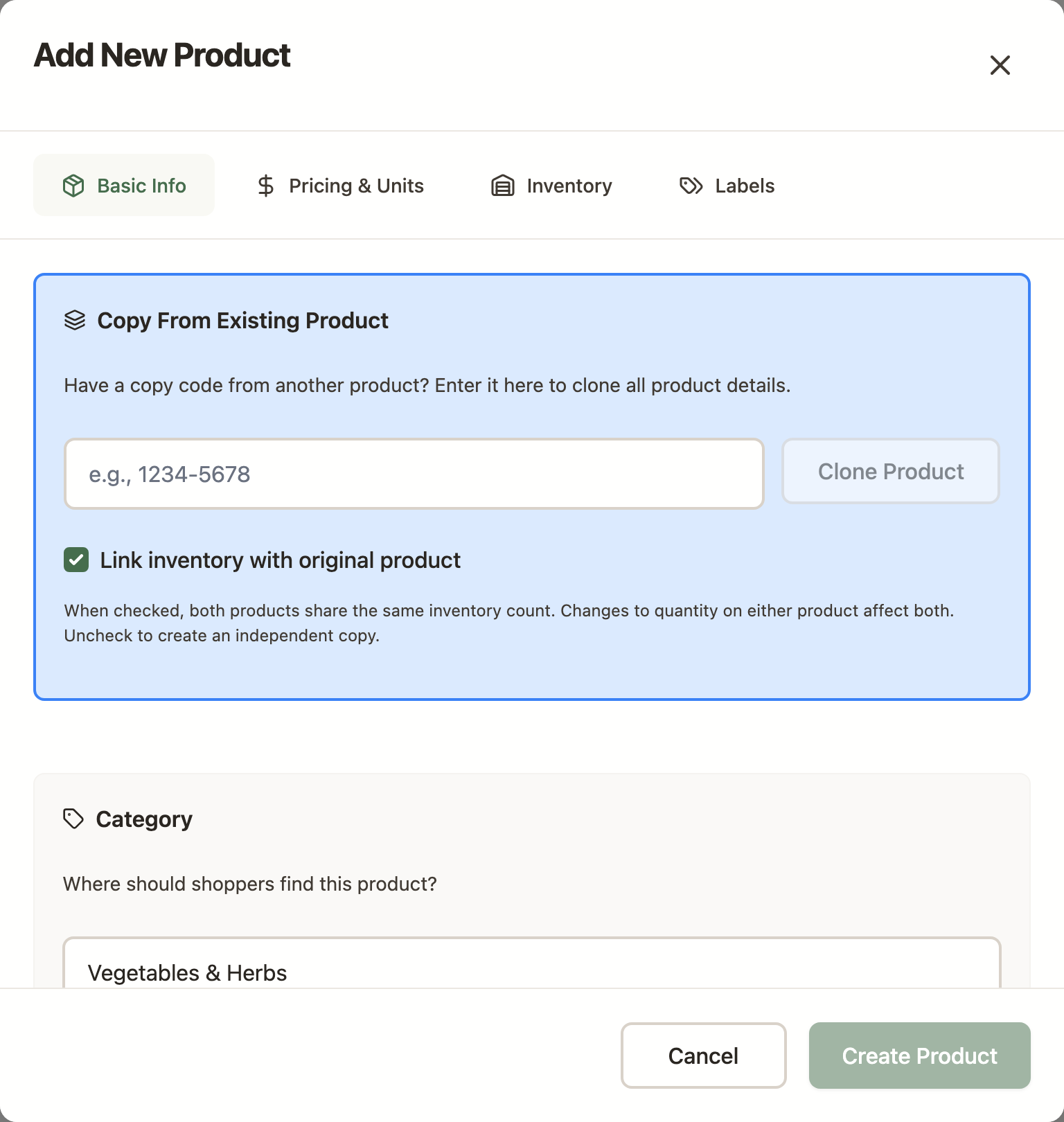 The Add New Product form on a desktop browser, with tabs for Basic Info, Pricing & Units, and Inventory, and fields for the product name and description.