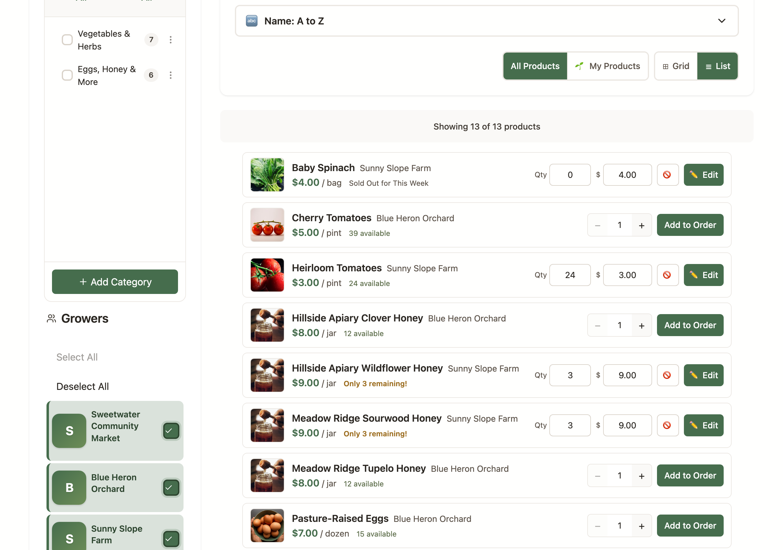 The market page in list view with Edit Mode on: each of the grower's rows has inline quantity and price fields and an availability toggle.