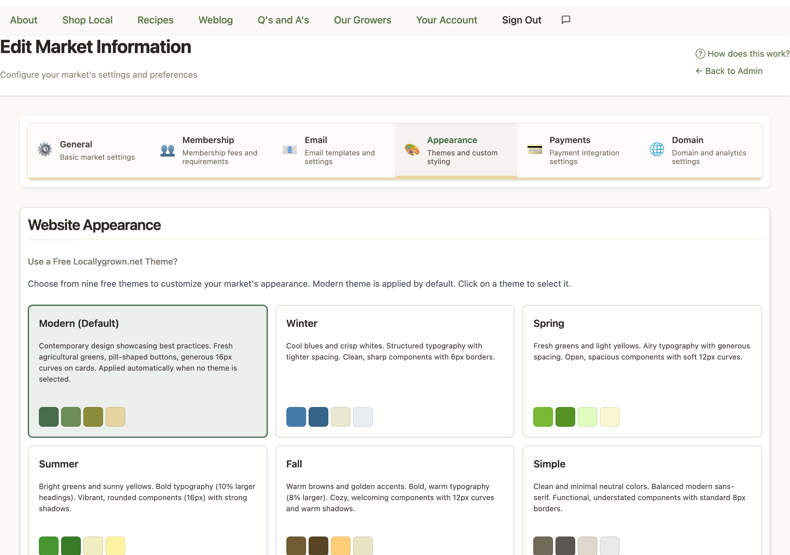 The Appearance tab of the Edit Market Information page: the Website Appearance section with navigation label and styling settings.