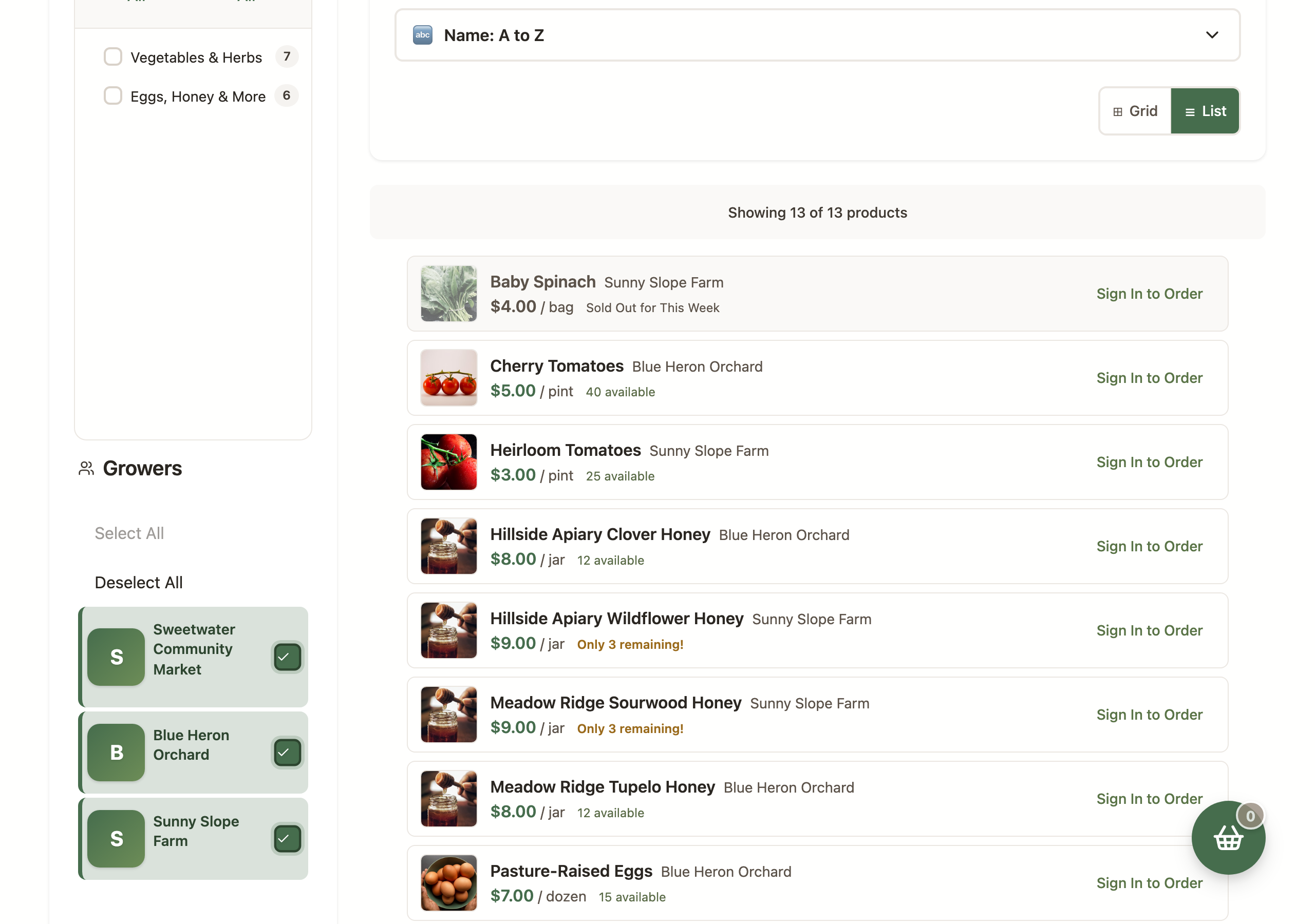 The market page in compact list view: one slim row per product with a thumbnail, name, grower, price, stock status, and an Add to Order button.