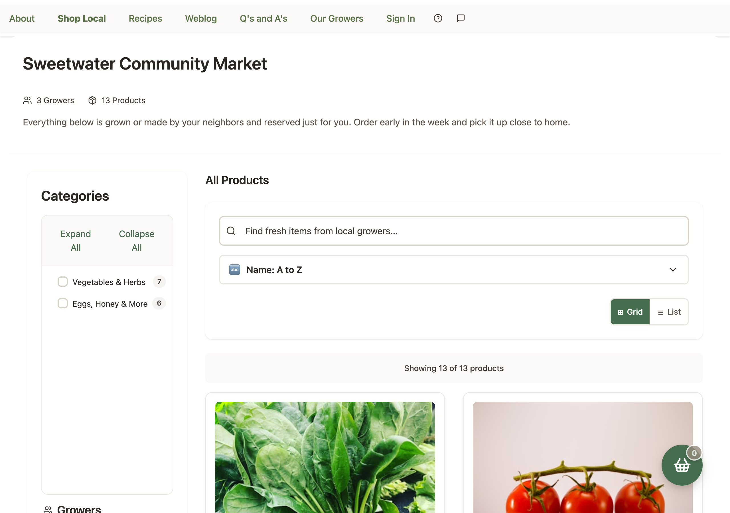 A market's shop page on a desktop browser: category filters on the left, a search box, an A-to-Z sort control, a Grid/List view toggle, and the product grid below.
