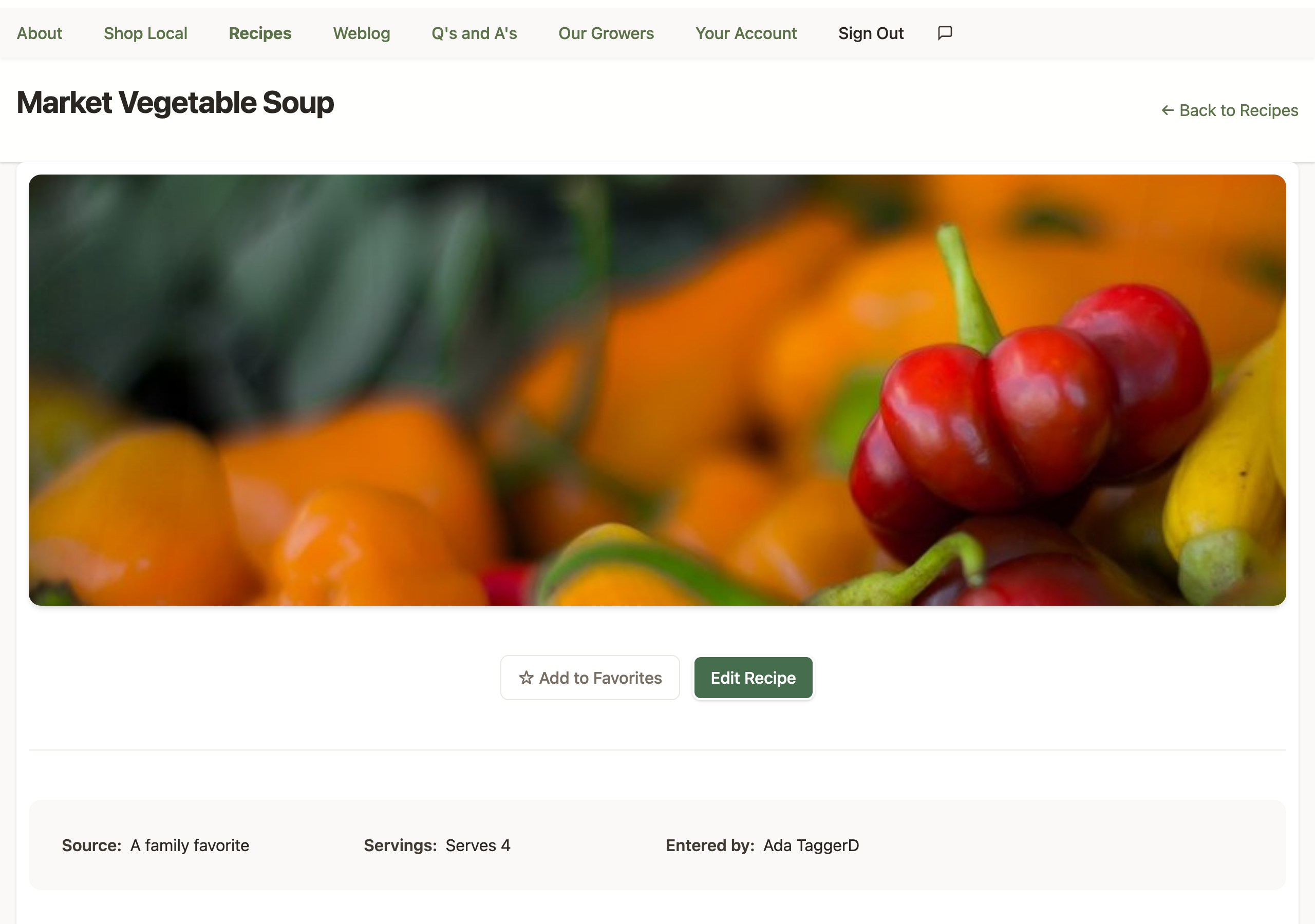 A finished recipe page: the recipe name, a wide hero banner, Add to Favorites and Edit Recipe buttons, and the source, servings, and author details.